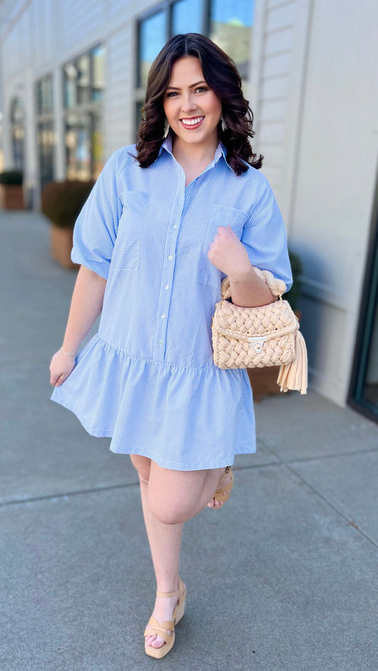 Blue Stripe Ruffle Bottom Dress