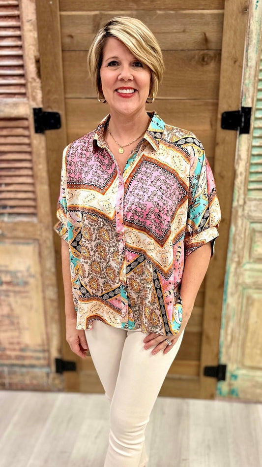 Abstract Half Sleeve Button-Up Blouse