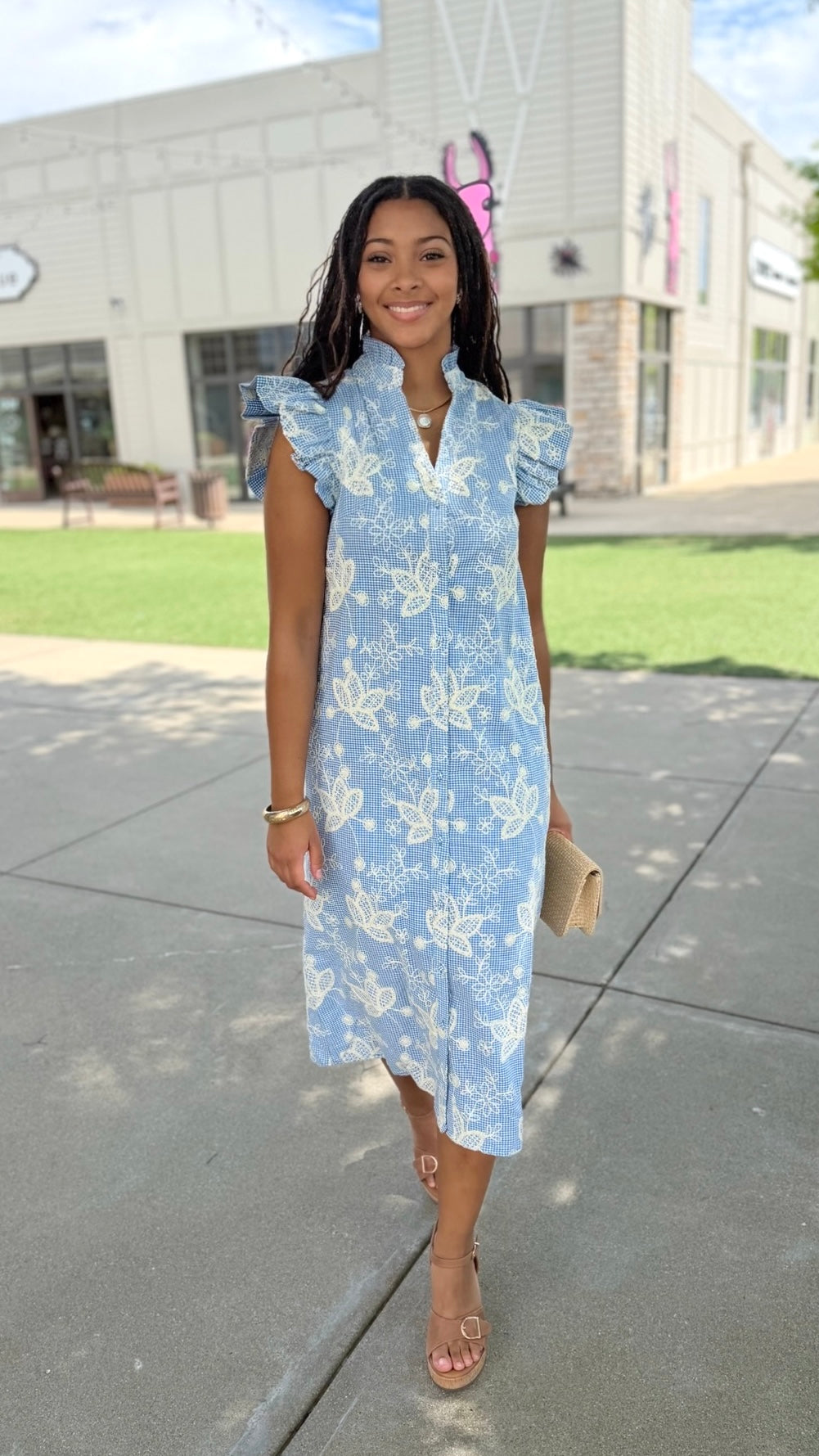 Kenzie Floral Embroidered Dress - Blue
