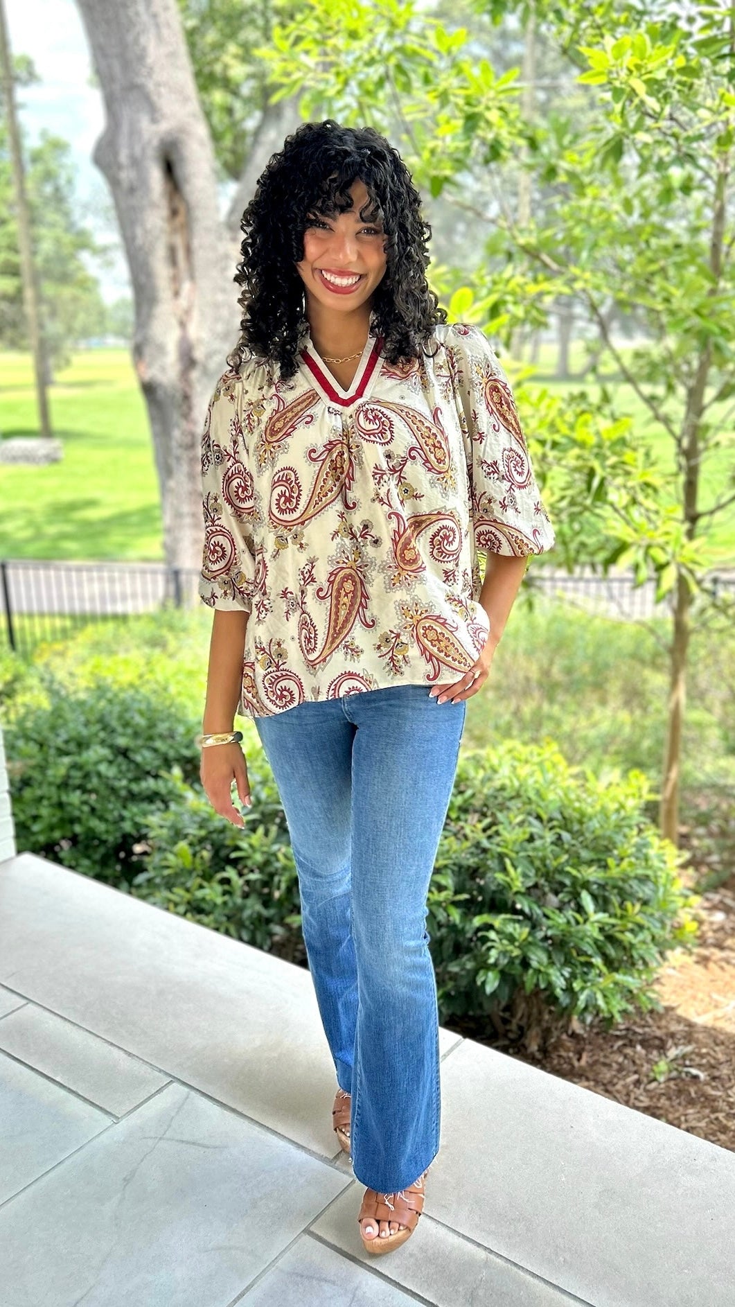 Scarlett Paisley Top - Ivory & Burgundy Mix
