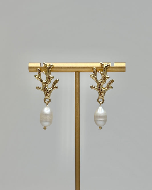 Gold Coral Pearl Drop Earrings