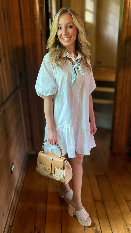 Double Pocket Bubble Sleeve Mini Dress - White