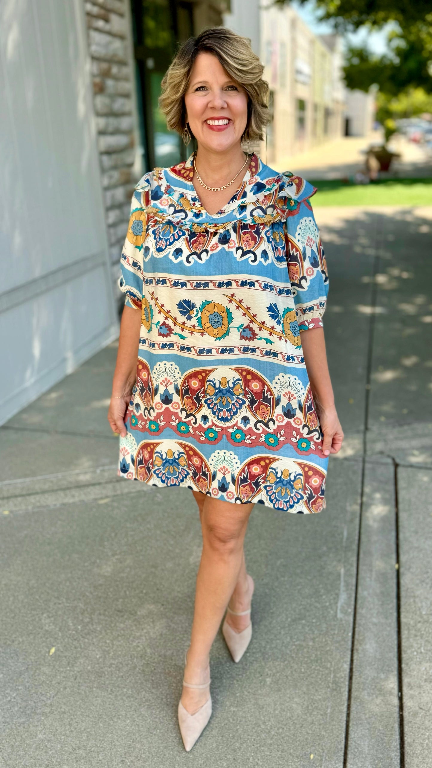 Harvest Blue Paisley Ruffle Neck Dress