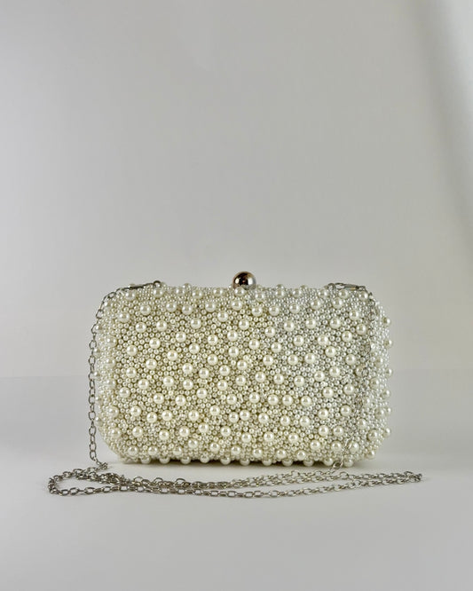 Hand Beaded Silver Pearl Clutch/ Crossbody