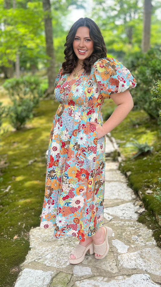 Aqua Flower Smocked Maxi Dress