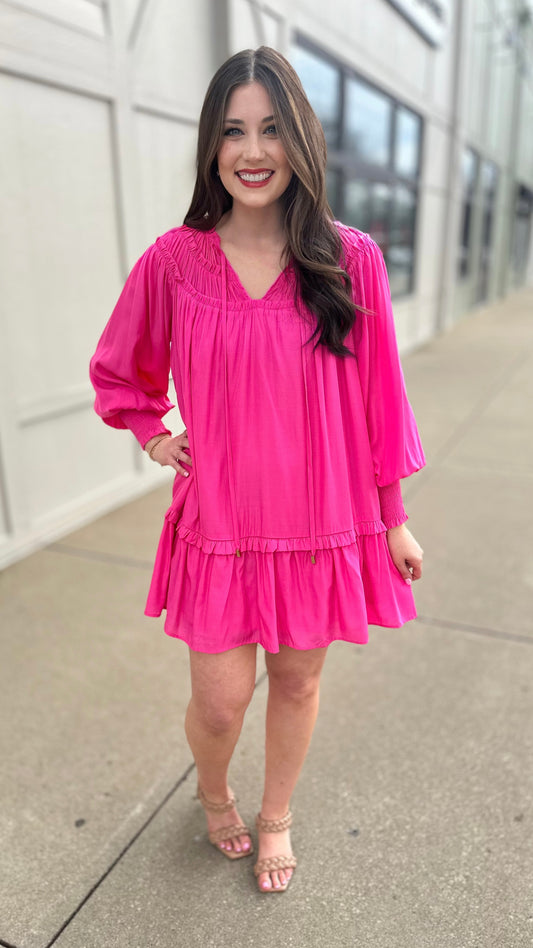 Lillian Lined Tie Neck Dress - Pink