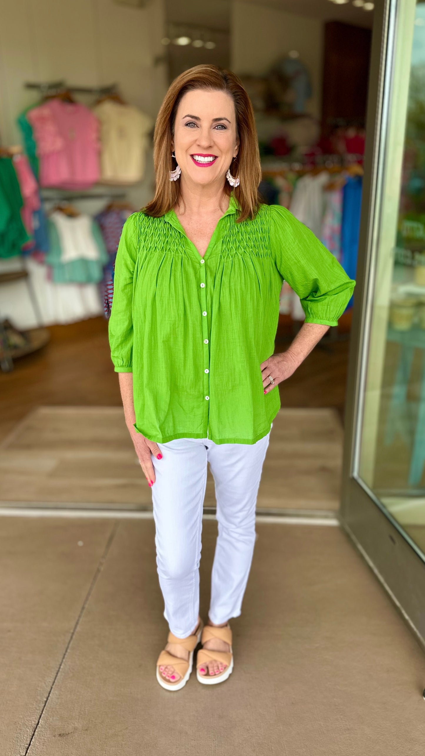 Ivy Jane Smocked Button Blouse - Green
