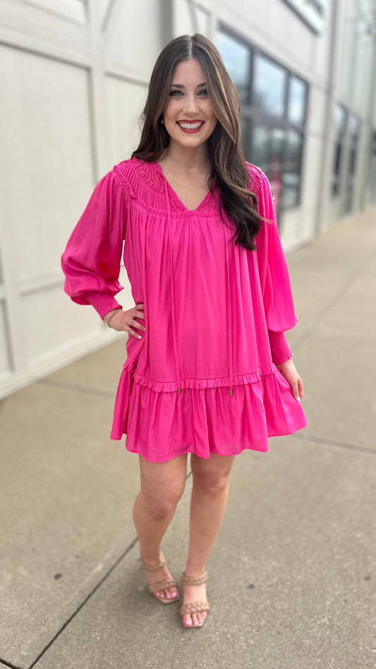 Lillian Lined Tie Neck Dress - Pink
