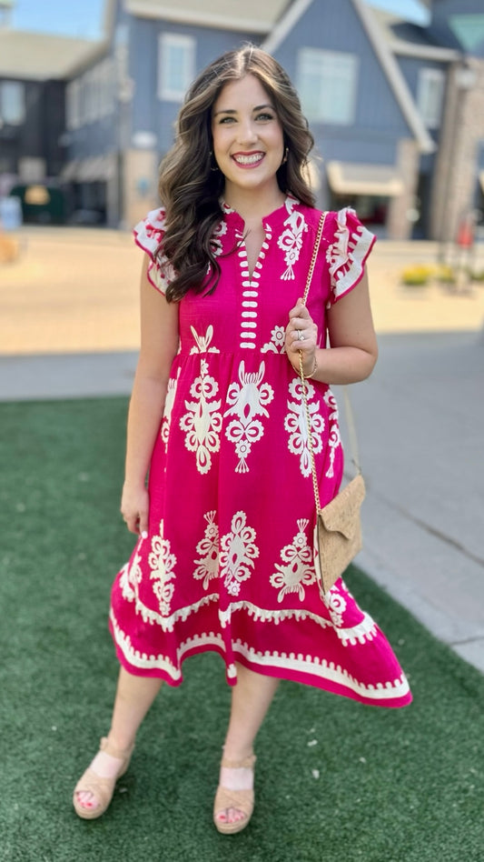 Ruffle Sleeve Midi Dress - Fuchsia