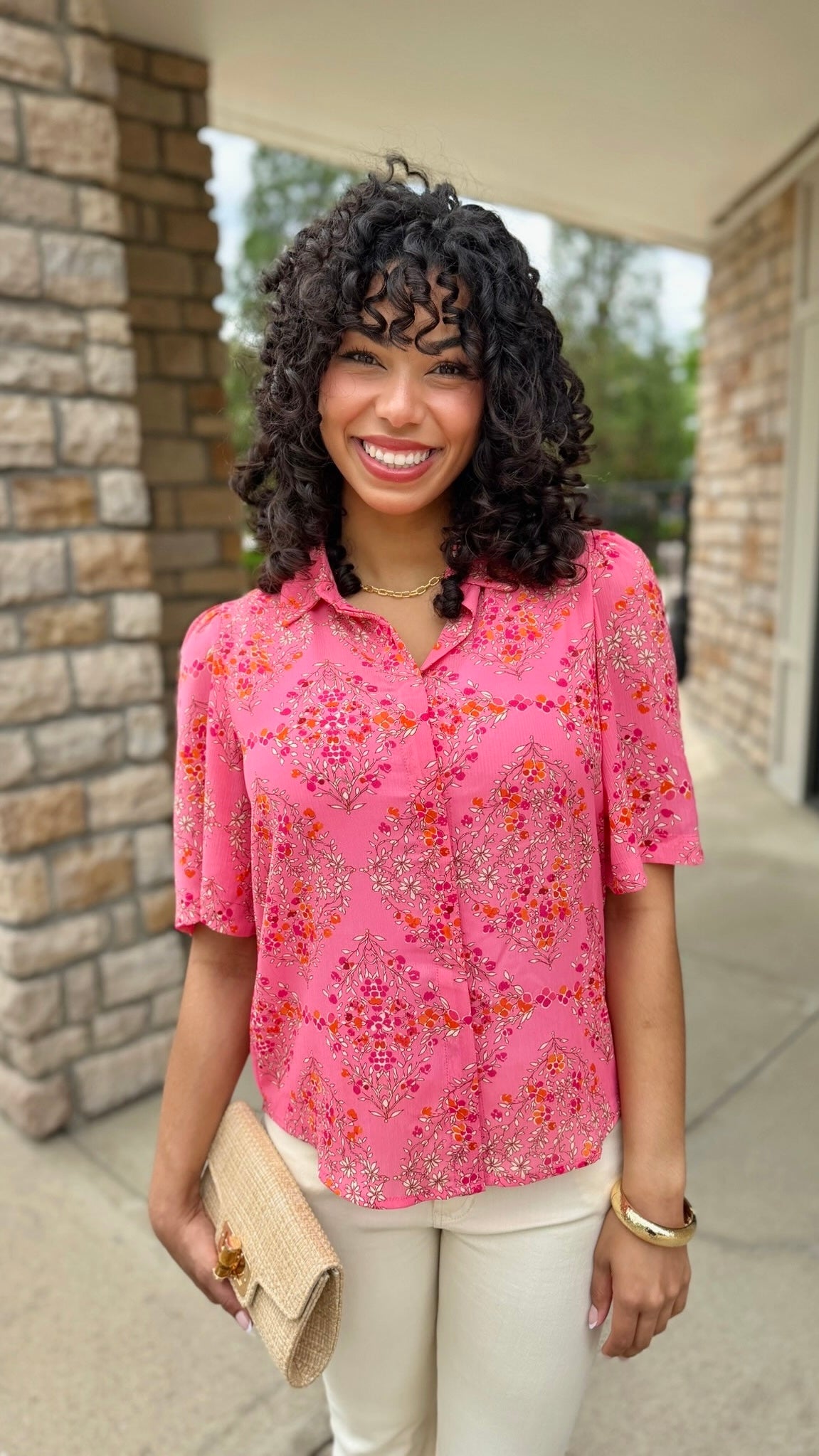Pink Floral Button Up Short Sleeve Blouse