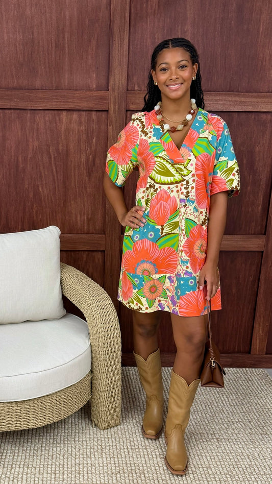 Uncle Frank Bold Floral Shift Dress - Coral