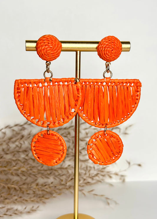 Raffia Wedge & Circle Earrings - Orange