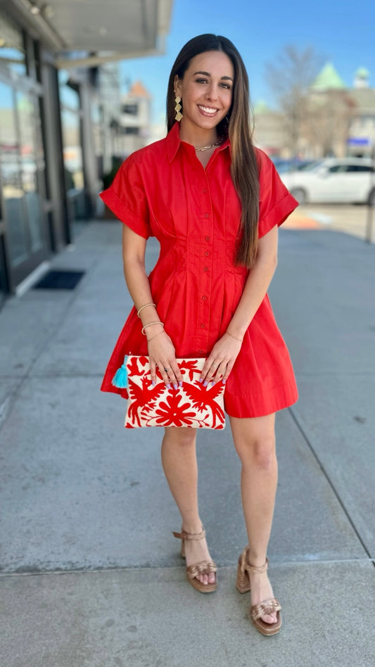 Red Pleat Waist Mini Dress