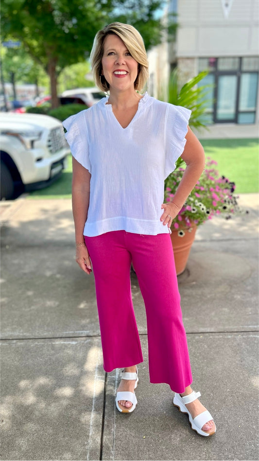 White Ruched Sleeve Gauze Top