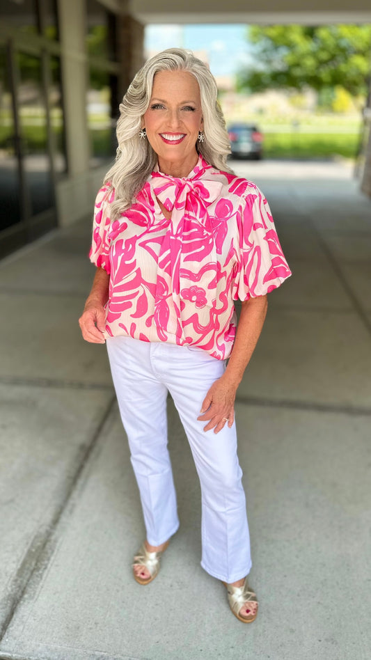 Pink Palm Tie Neck Blouse