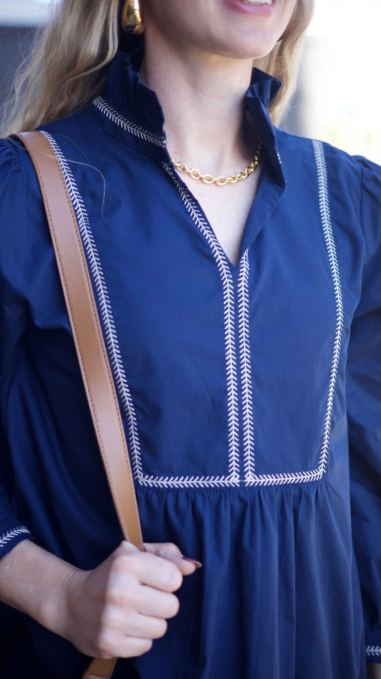 Emma Embroidered Dress - Navy