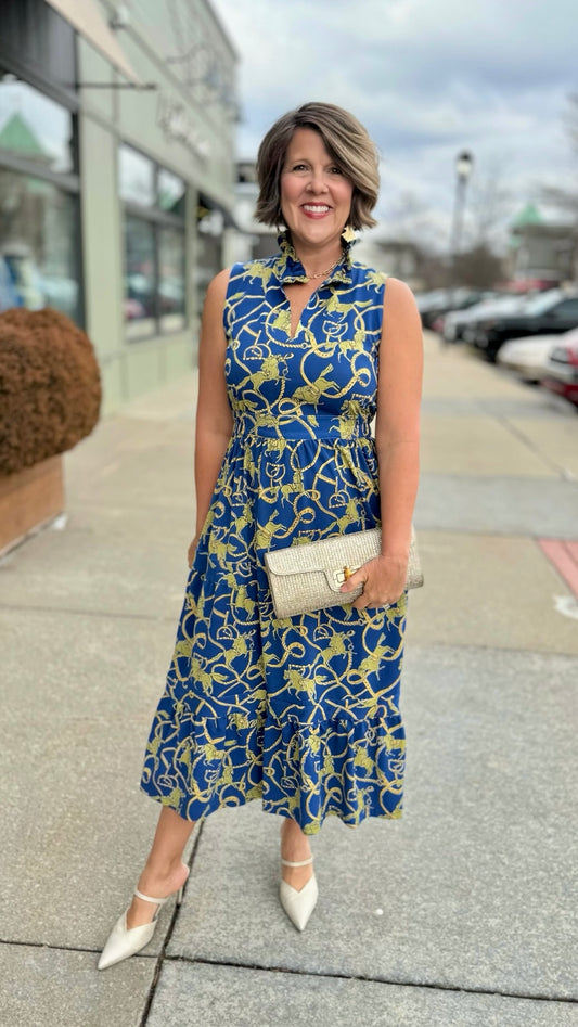 Tabi Ruffle Neck Midi Dress - Navy/Khaki