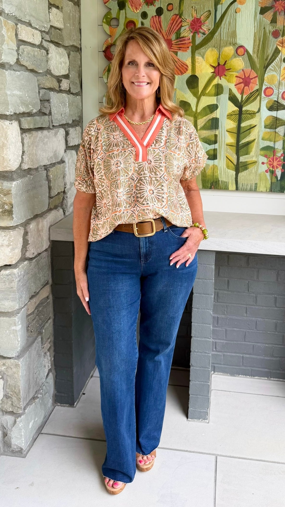 Celeste Collared Top - Rust & Olive