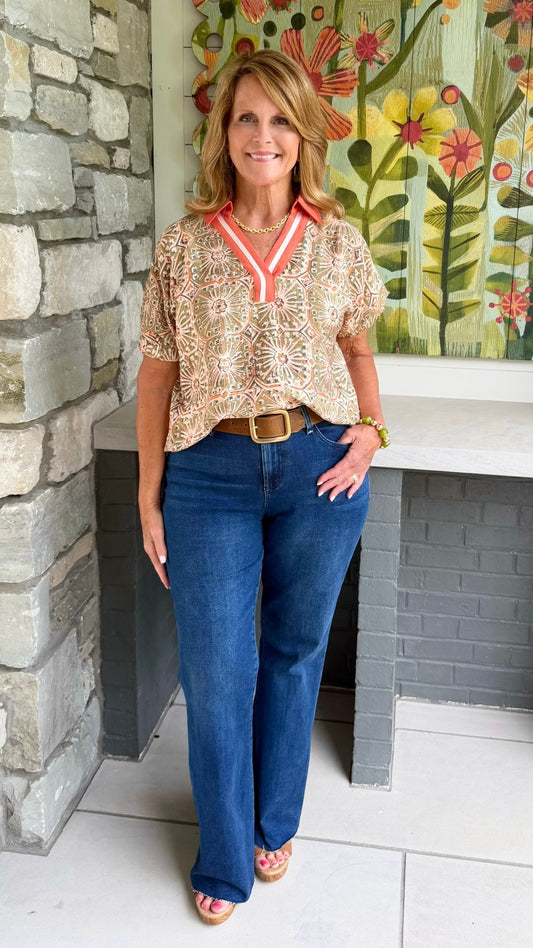 Celeste Collared Top - Rust & Olive