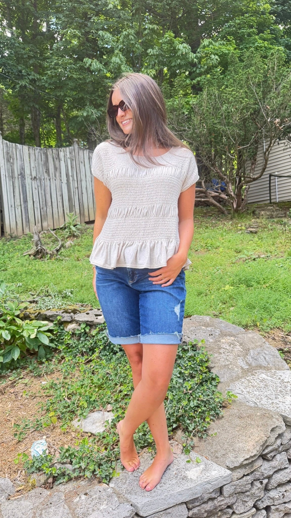 TIERED SMOCKED TOP - TAUPE