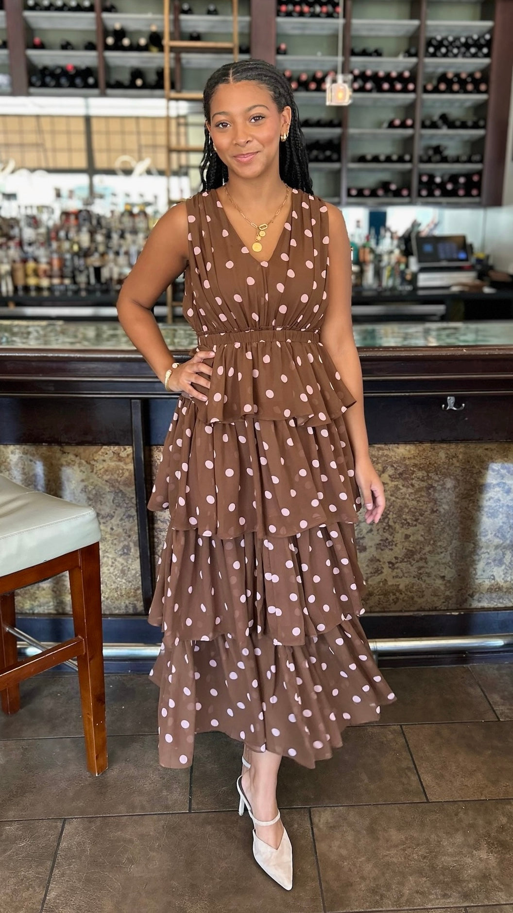 Dawn Polka Dot Chiffon Dress - Mocha