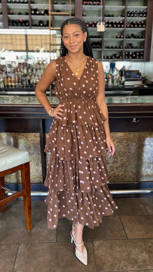 Dawn Polka Dot Chiffon Dress - Mocha