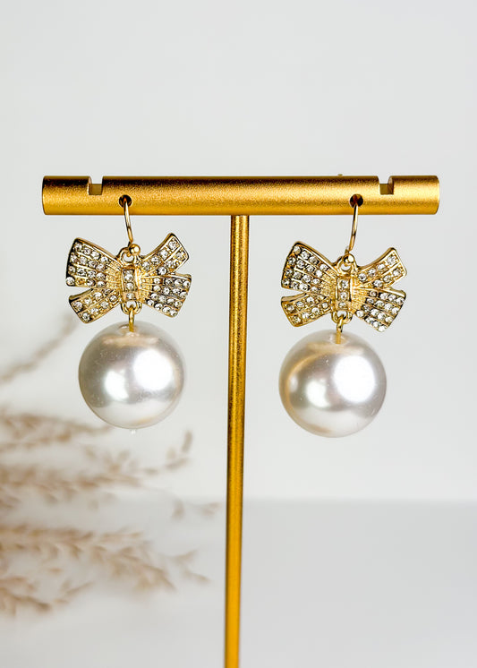Gold Bow & Ball Pearl Earrings