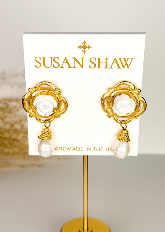 Susan Shaw White Rose & Pearl Drop Earrings