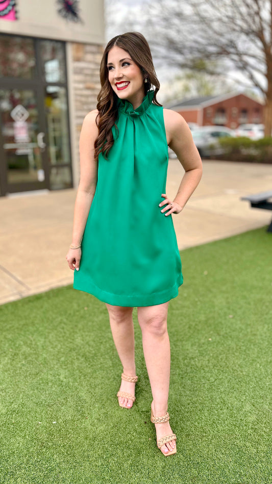 Ruffle Neck Shift Dress - Green