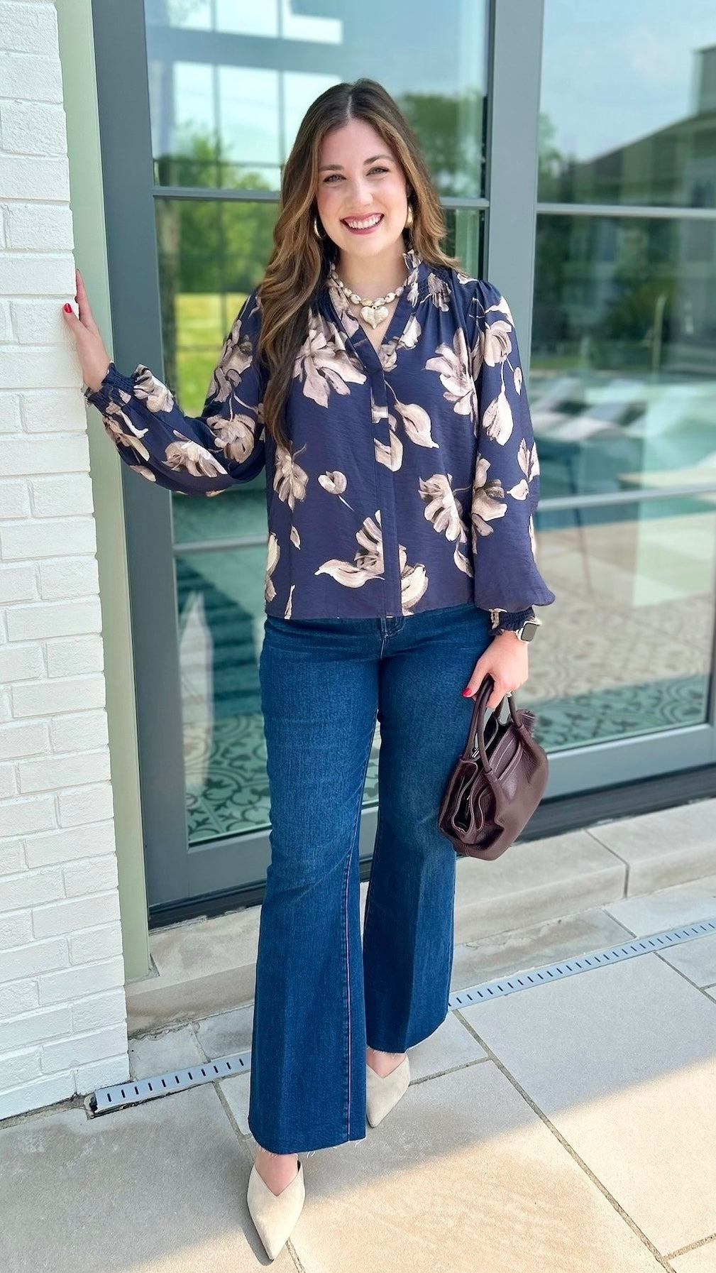 Leana Fall Floral Top - Navy & Beige