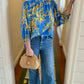 Floral Ruffle Neck Blouse - Blue