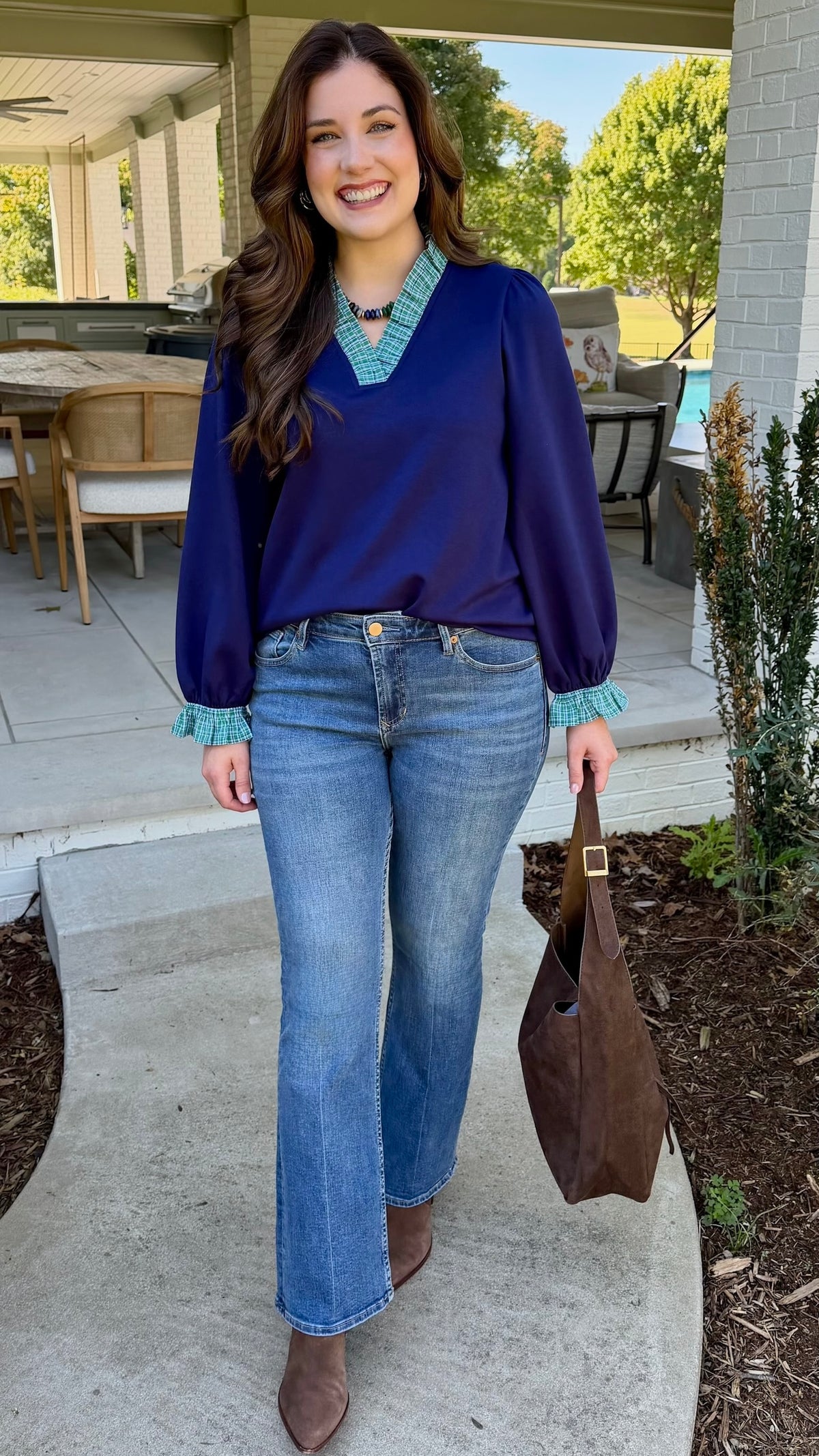 Navy Plaid Trim Top