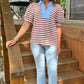 Kierra Striped Top - Maroon & Ivory With Light Blue Trim Accent