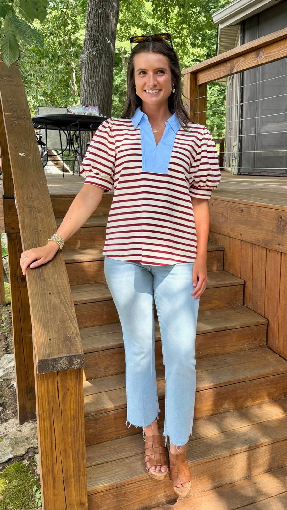 Kierra Striped Top - Maroon & Ivory With Light Blue Trim Accent