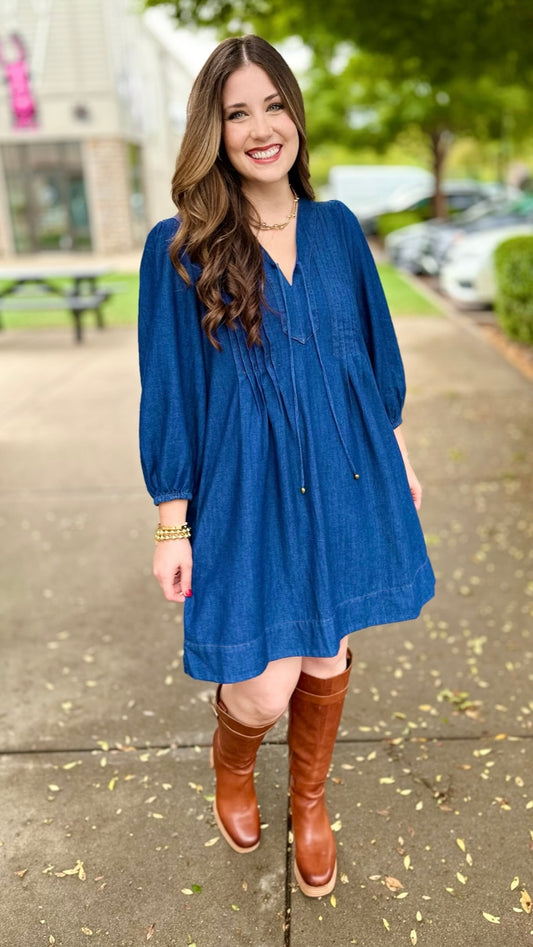 Perfectly Pleated Dark Denim Dress