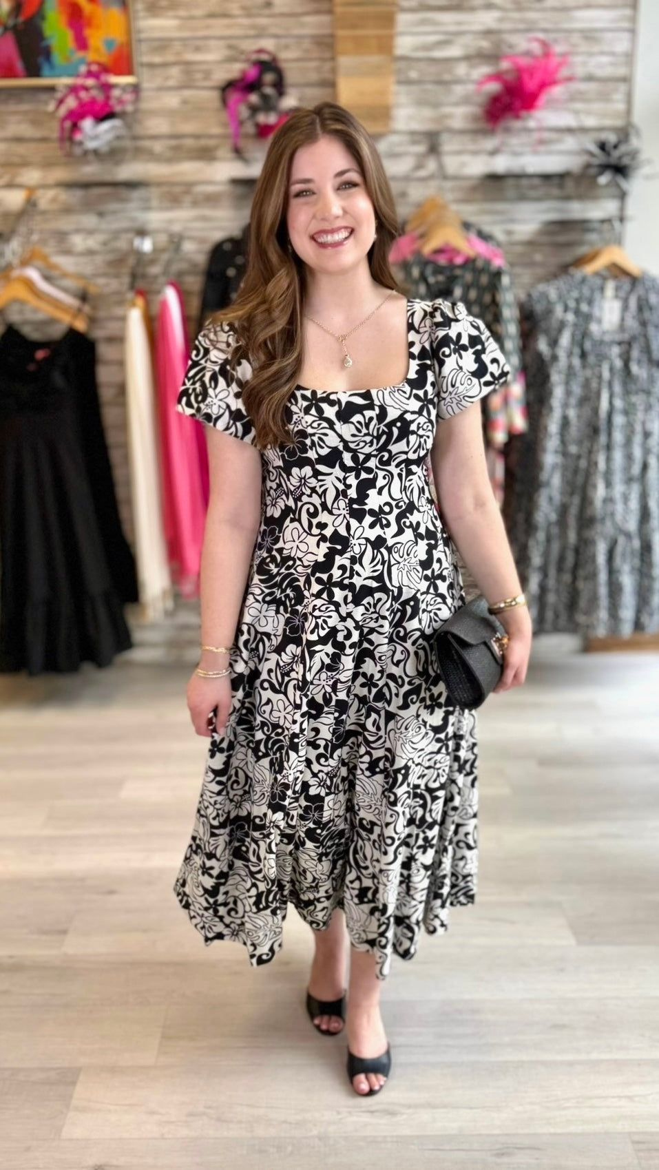 Theresa  Print Midi Dress - Black/White