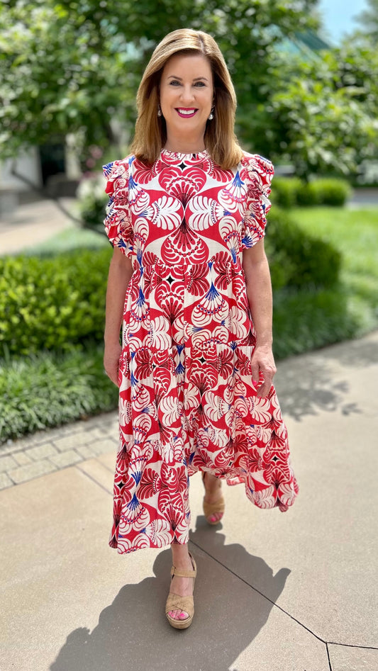 Abstract Print Midi Dress - Red Multi