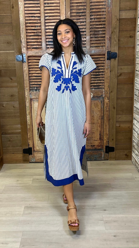 Naomi Striped Midi Dress - White & Blue