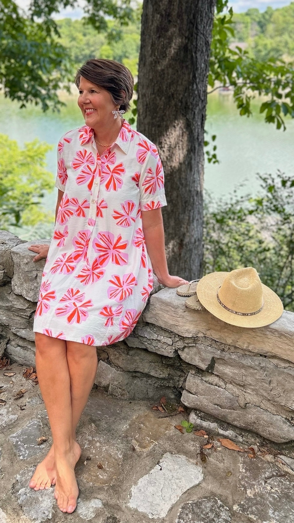 Uncle Frank Swing Shirt Dress - White & Pink