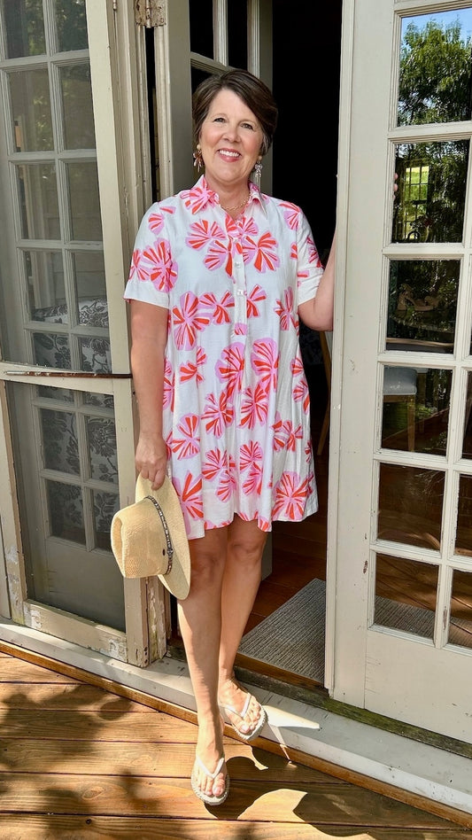 Uncle Frank Swing Shirt Dress - White & Pink