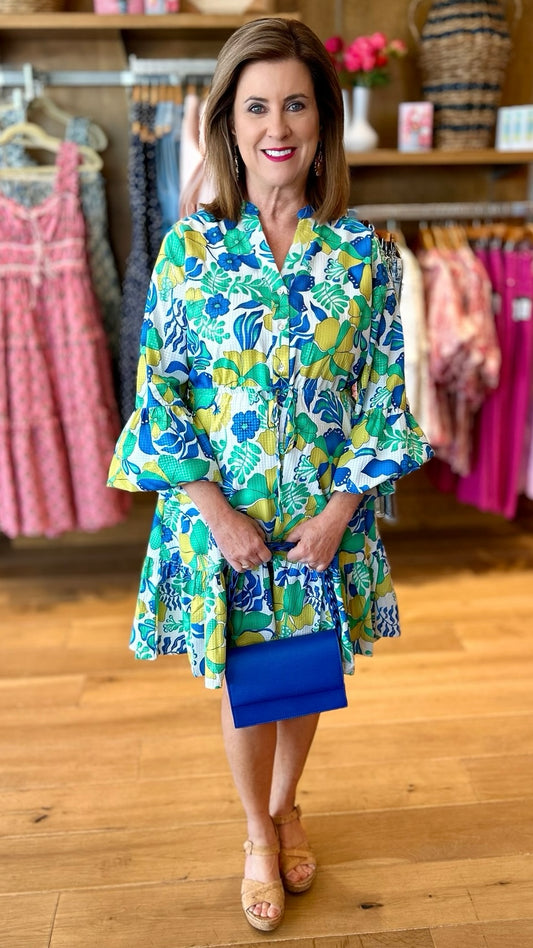 Hibiscus Print Tie Cinch Waist Dress - Blue Mix