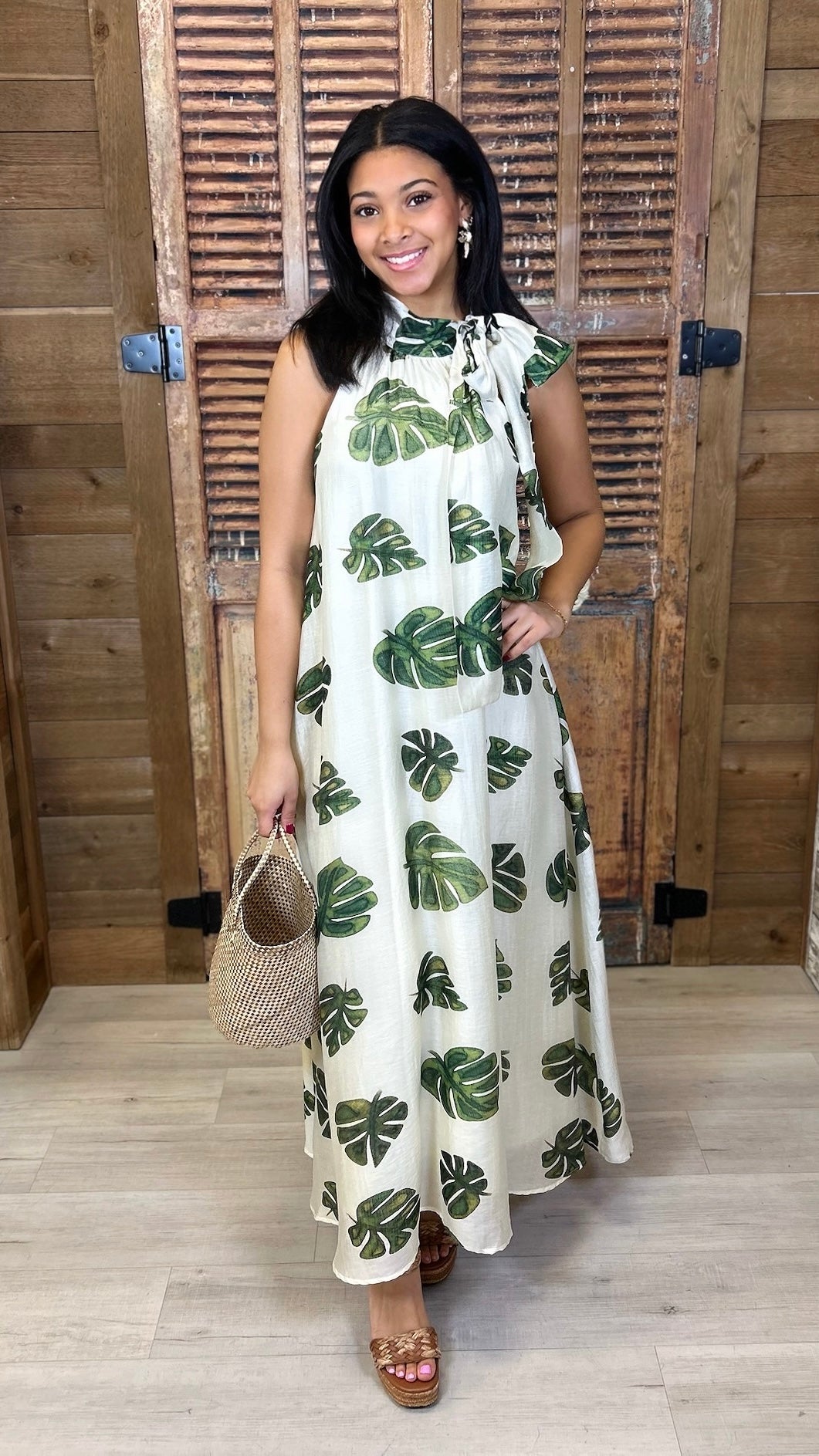 Fallon Palm Halter Dress - Cream