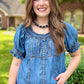 Ivy Jane Denim Ruffled Neck Top