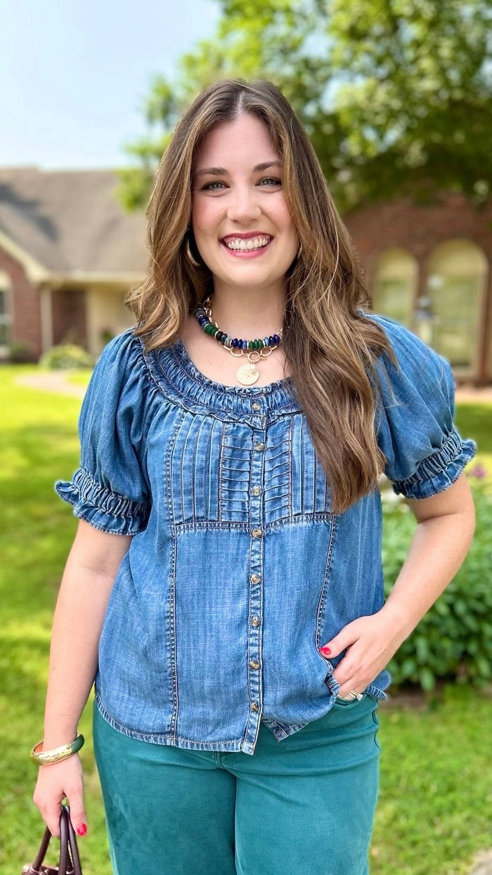 Ivy Jane Denim Ruffled Neck Top