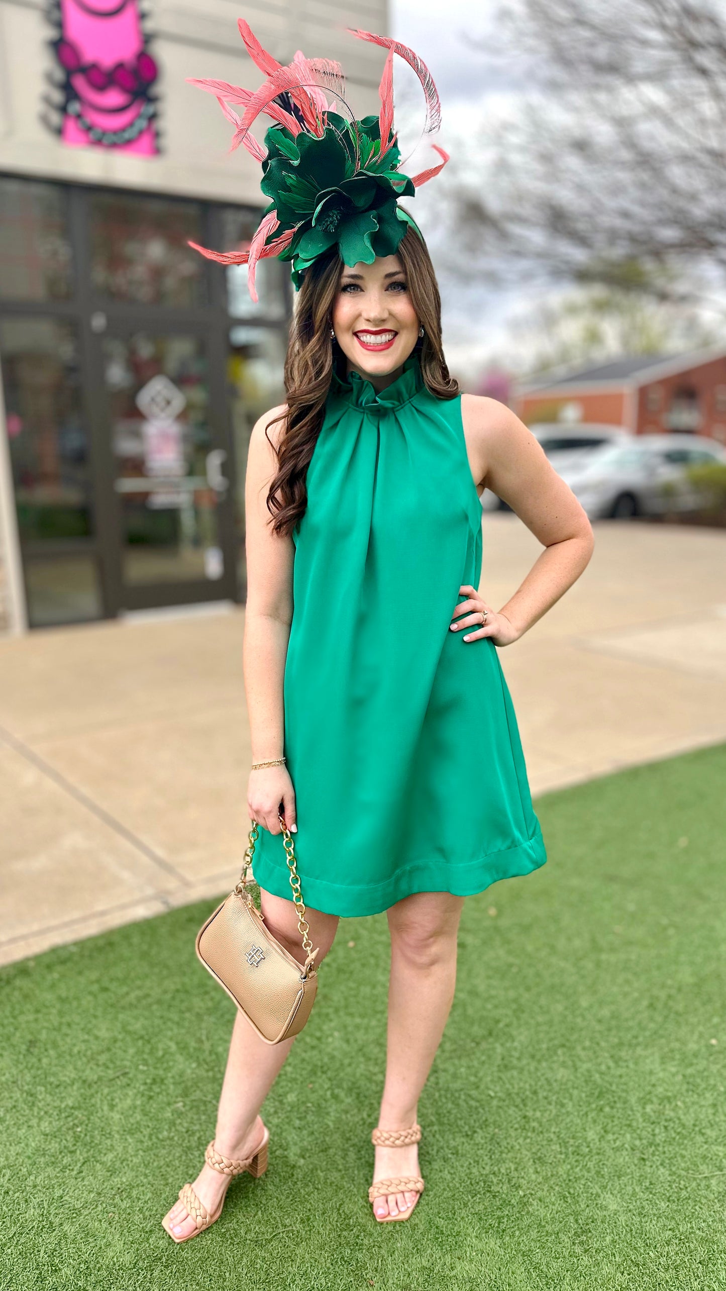 Ruffle Neck Shift Dress - Green