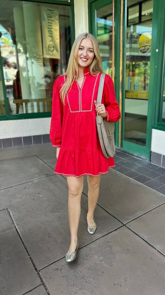 Emma Embroidered Dress - Red