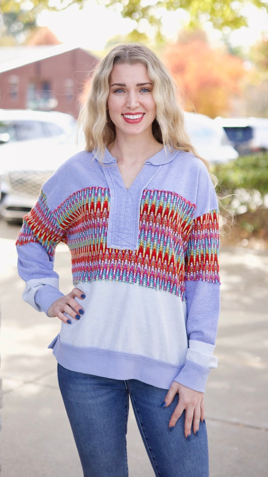 Crochet Mix Collared Sweater - Washed Blue