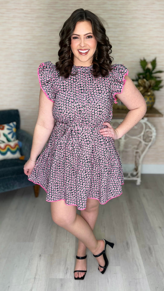 Feminine Florals Tie Waist Dress - Black Mix