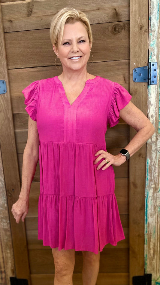 Terrific Tiered V Neck Babydoll Dress - Pink
