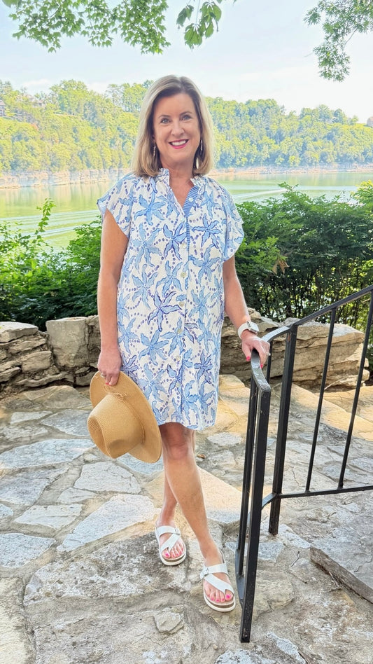 THML Eliza Button Up Shirt Dress - Blue & White Print